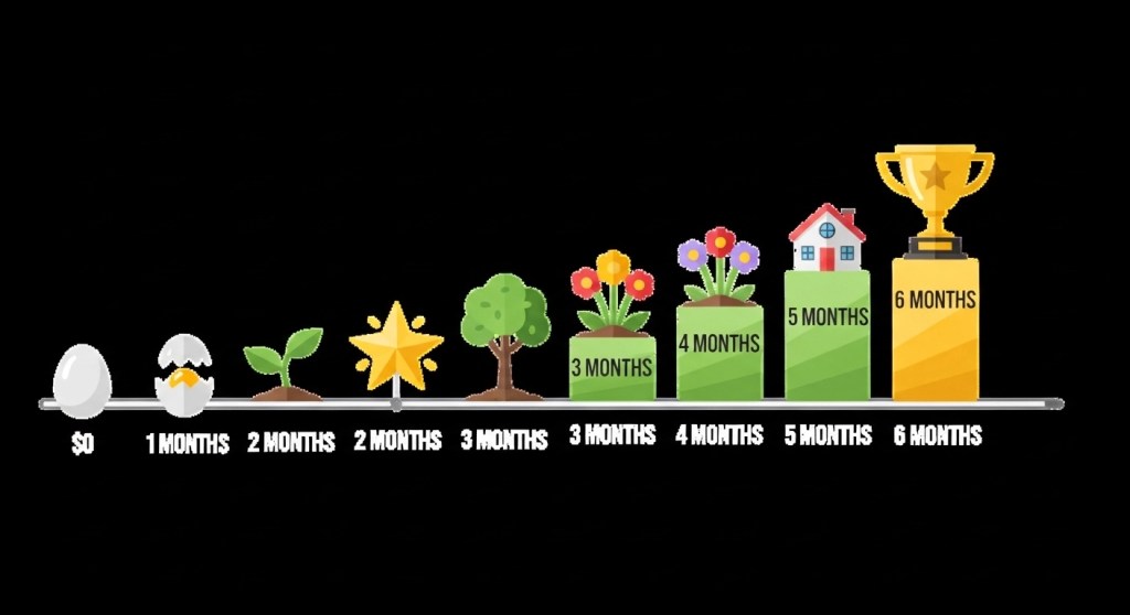 Emergency fund savings milestone chart showing progress from zero to six months of expenses