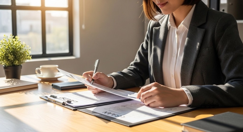 Person confidently reviewing loan agreement with a checklist before signing