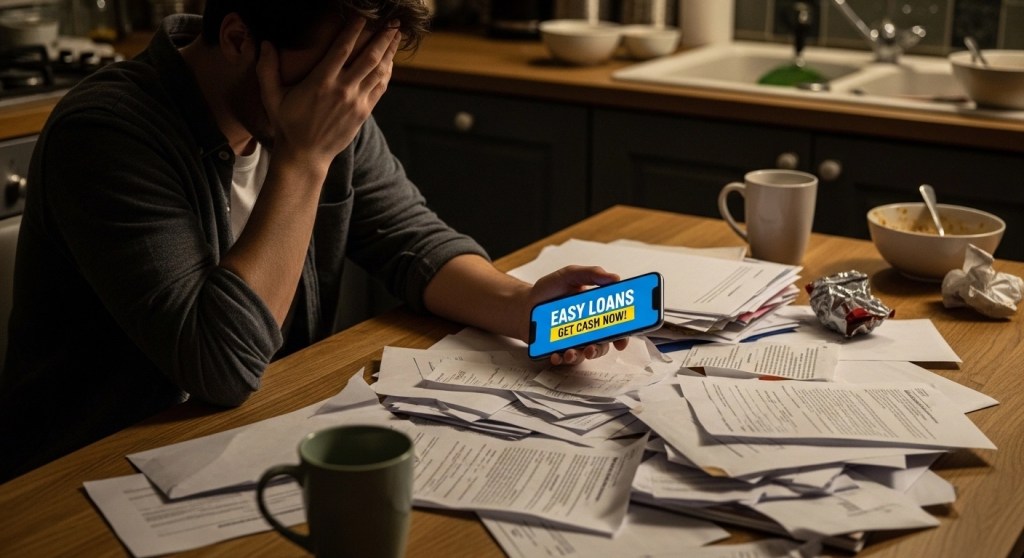 Person overwhelmed by bills researching emergency loan options on phone