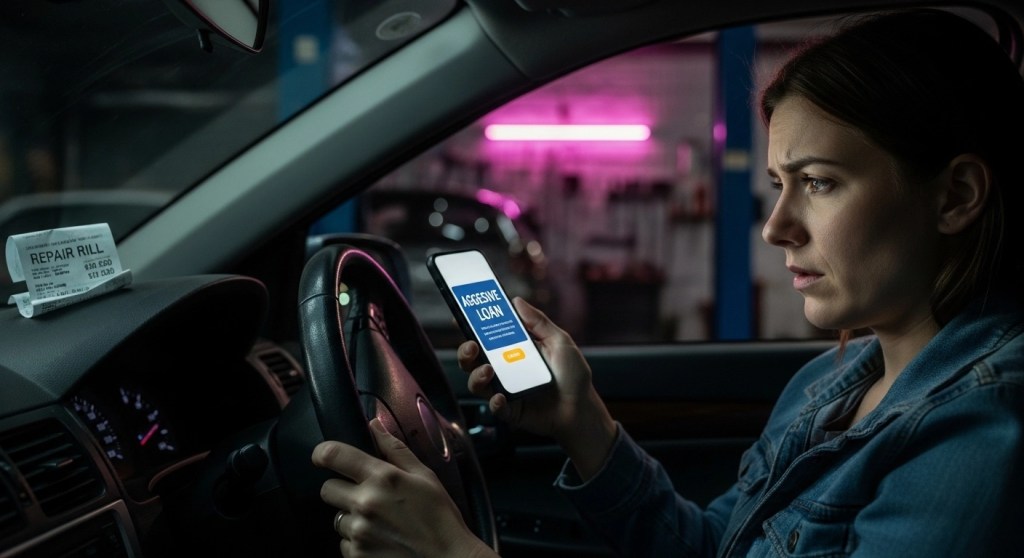 Stressed person in car at night looking at emergency loan ads on phone with repair bill visible