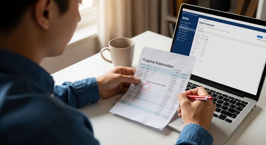 Person auditing bank statement to find forgotten subscriptions and hidden expenses to redirect to emergency fund