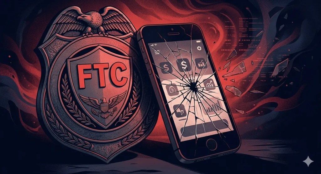 FTC enforcement badge next to cracked cash advance app screen representing federal regulatory action against deceptive app practices