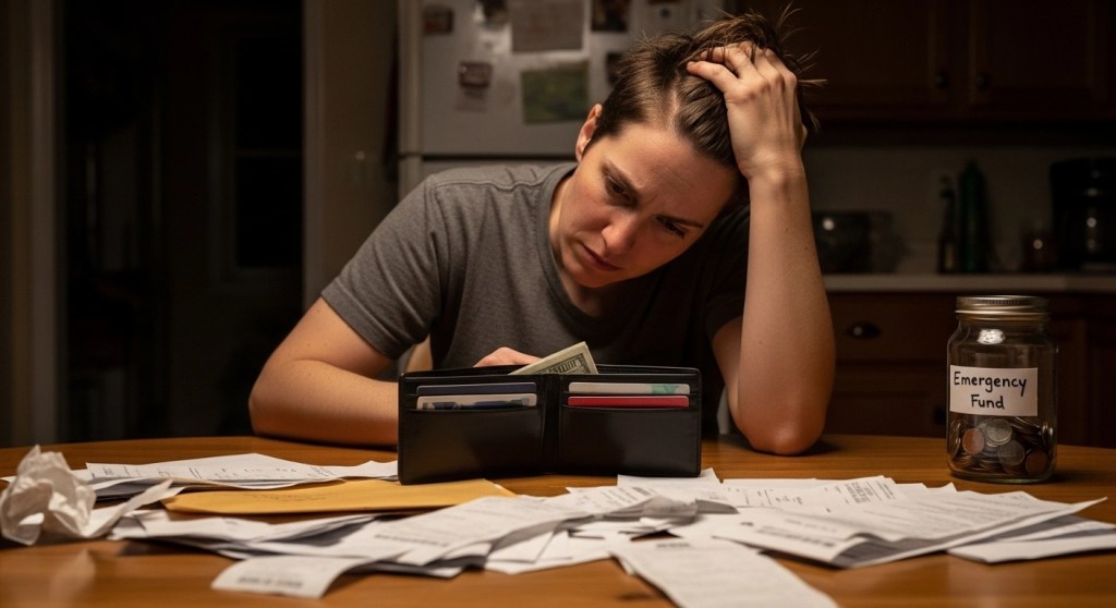Person with empty wallet and bills on table starting to build emergency fund from scratch