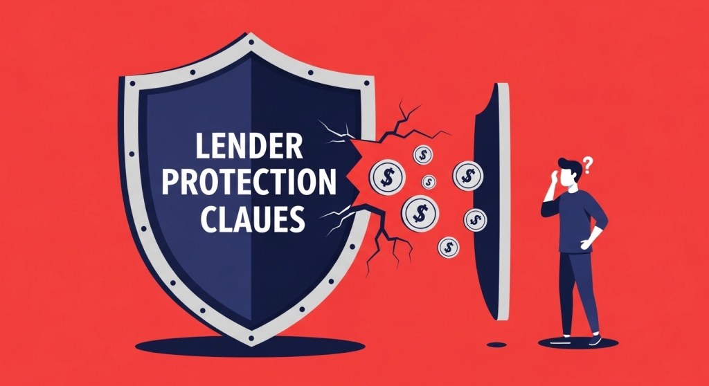 Cracked shield representing lender protection clauses in loan agreements that leave borrowers exposed