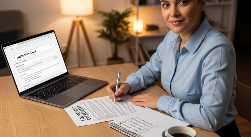 Prepared borrower reviewing loan agreement fine print with checklist and search for dangerous clauses