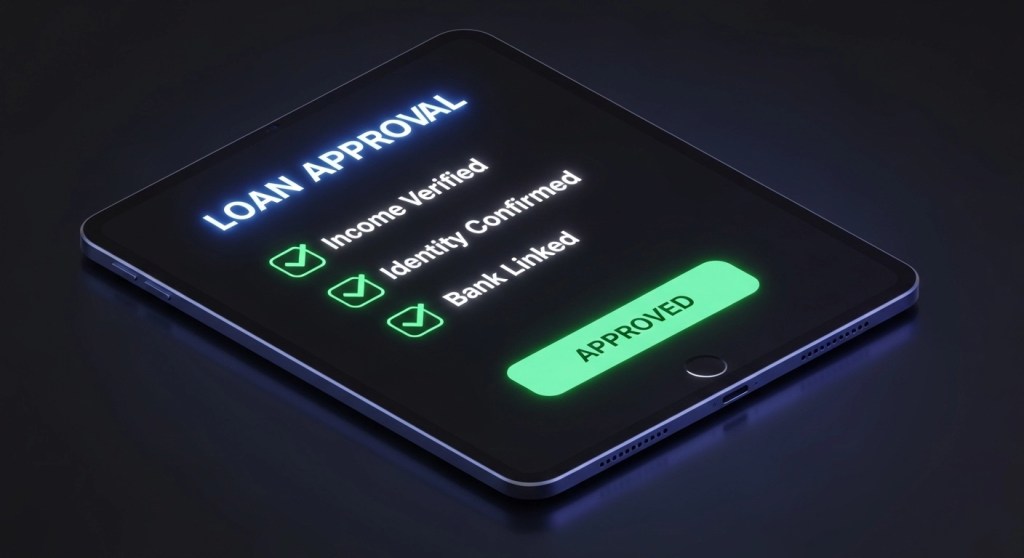 A digital interface showing a green "Pass" on a loan application algorithm.