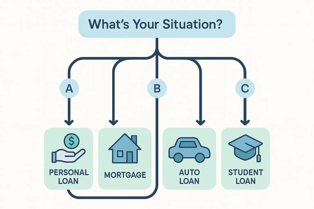 Decision framework flowchart showing four borrower paths to choosing between secured and unsecured emergency loans
