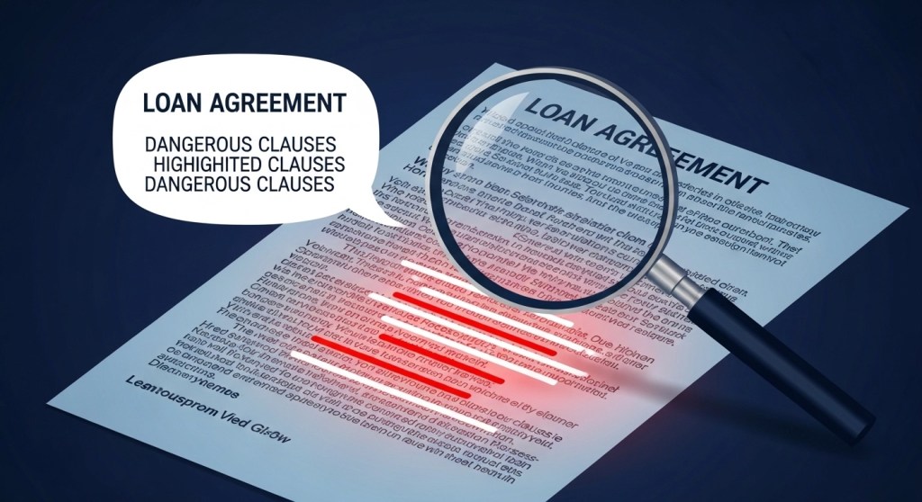 Magnifying glass revealing dangerous clauses in loan agreement fine print with plain English translations