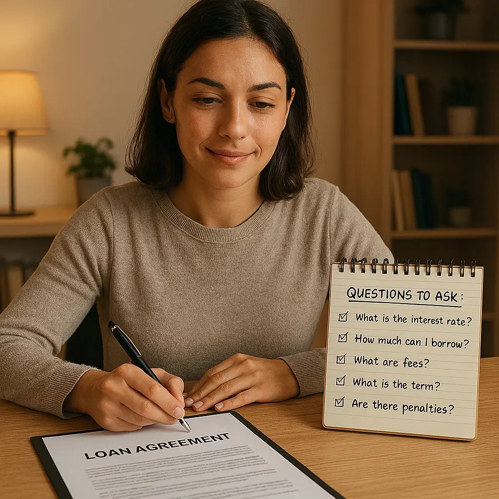 Person reviewing loan agreement with a 5-question checklist before signing secured or unsecured loan