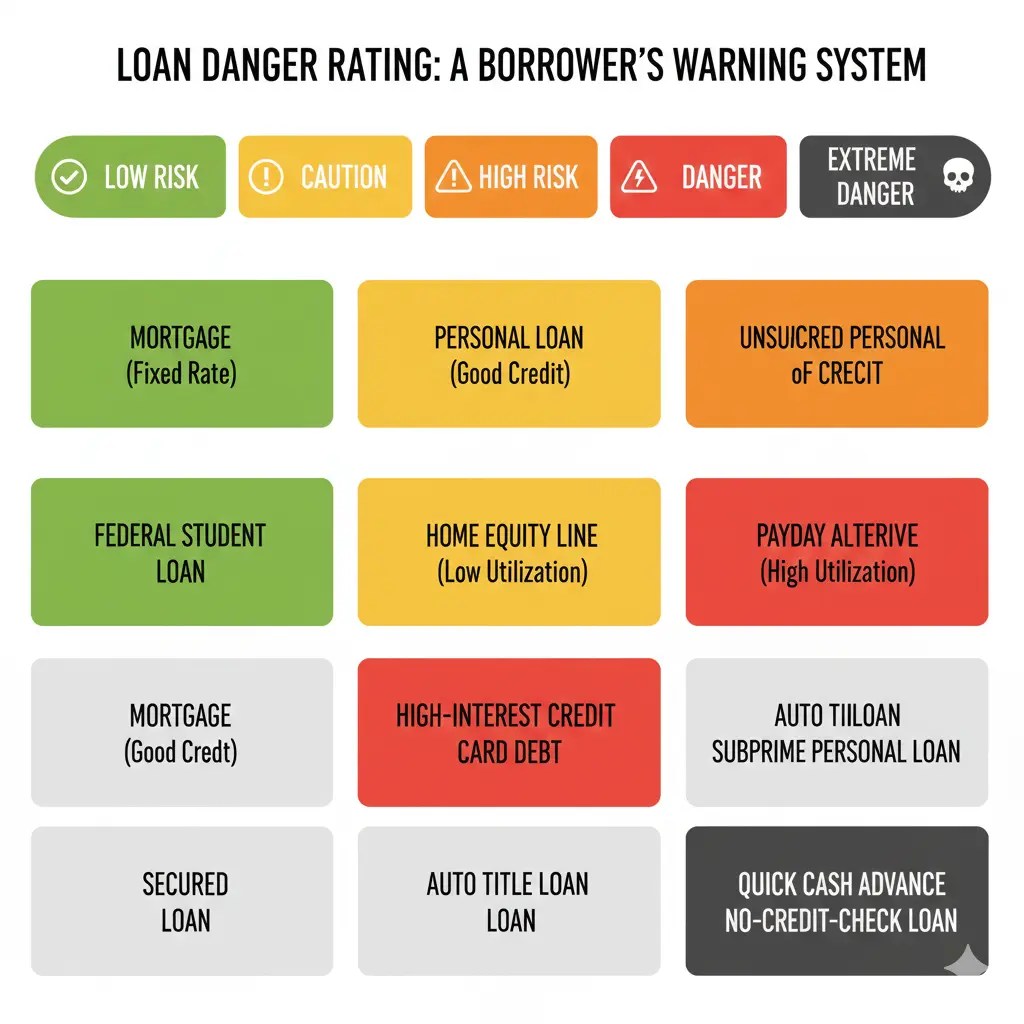 Danger rating chart for loan terms from low risk to avoid showing five levels of risk for borrowers