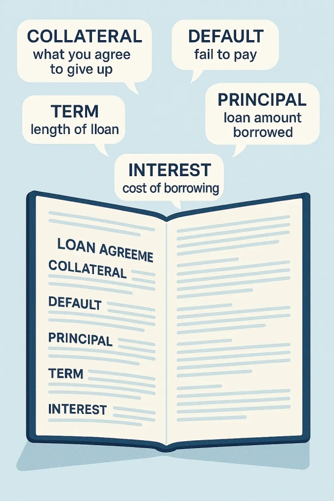 Loan agreement document with plain English translations of complex financial terms for borrowers