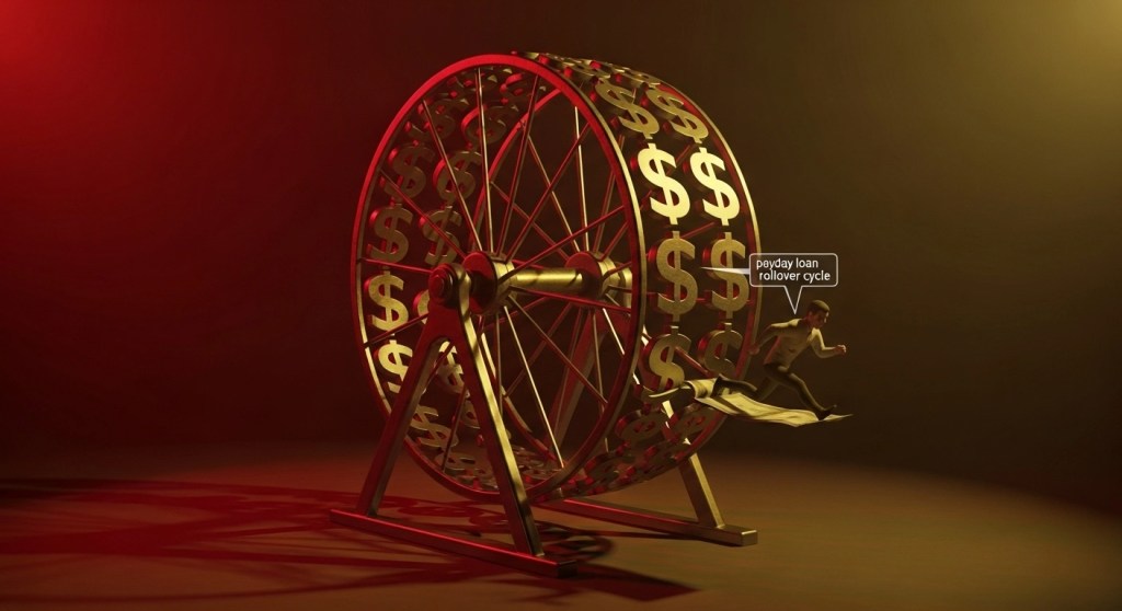 Hamster wheel metaphor illustrating the payday loan rollover debt cycle trap
