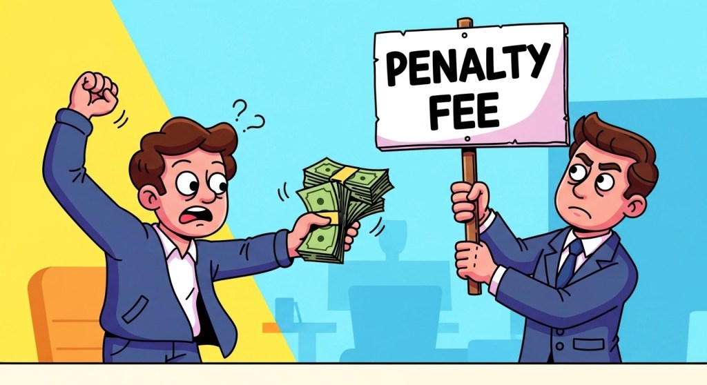 Cartoon illustration of borrower surprised by prepayment penalty when paying off loan early