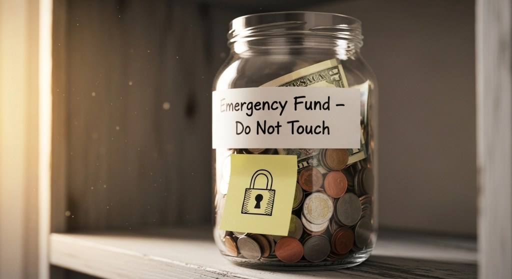 Emergency fund savings jar with do not touch label representing rules to protect savings from non-emergency spending