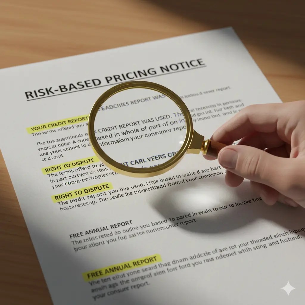 Risk-based pricing notice document showing borrower's legal right when charged higher loan rates due to credit score