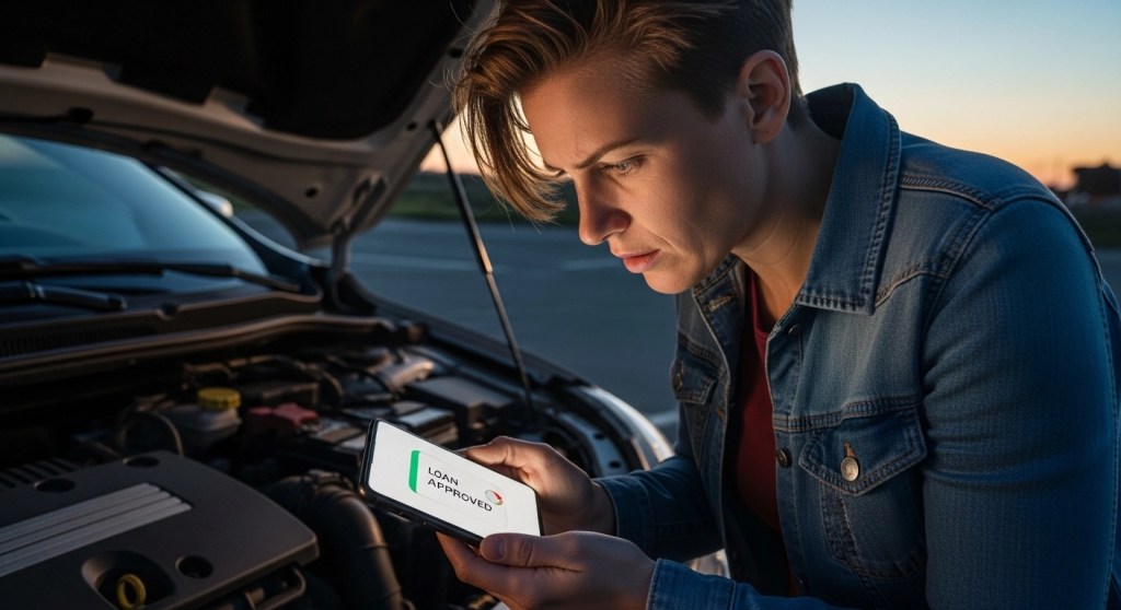 A person looking stressed at a car repair shop holding a phone for a same day loan.