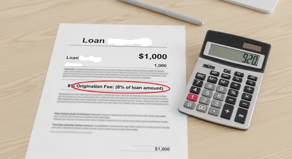 Example showing how an 8 percent origination fee reduces same day loan payout