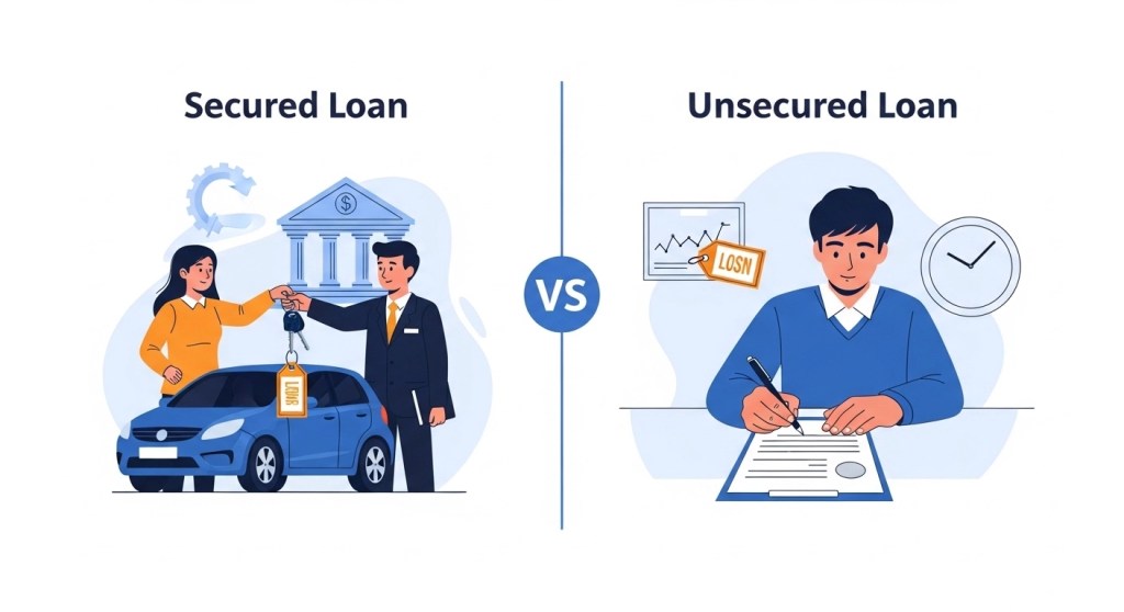 Split comparison showing secured loan with collateral and lower rate versus unsecured loan with no collateral and higher rate