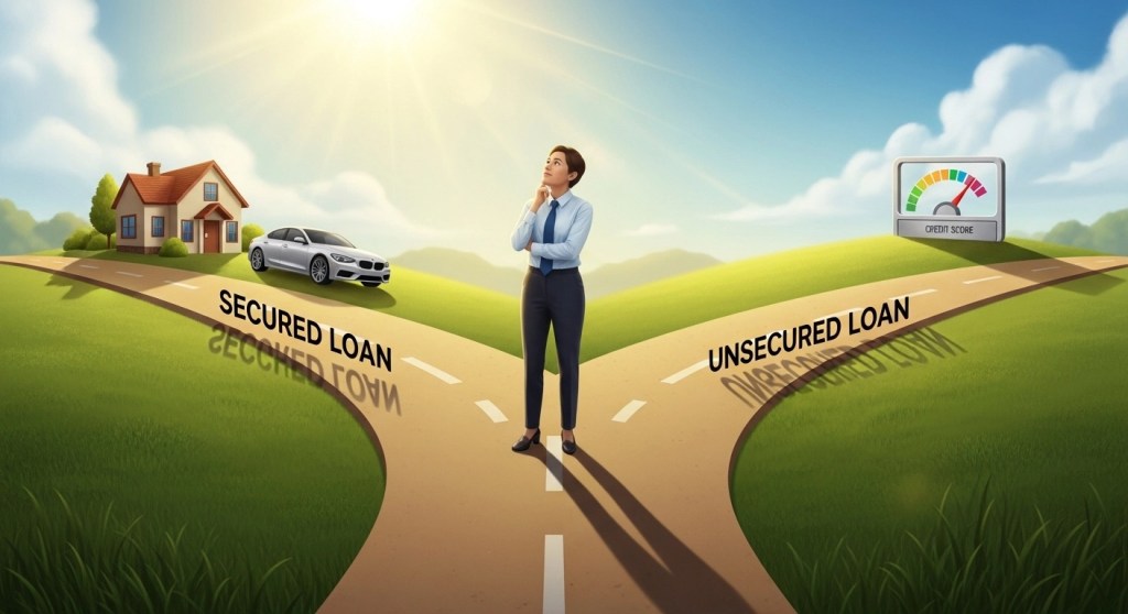 Person standing at fork in road choosing between secured and unsecured loan paths for emergency borrowing