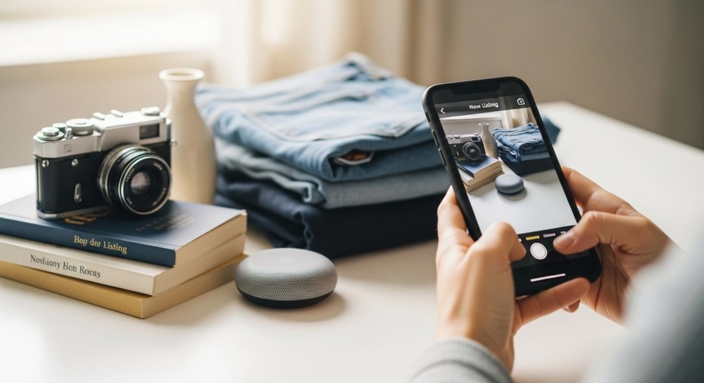 Person photographing items to sell on Facebook Marketplace for fast cash as emergency loan alternative