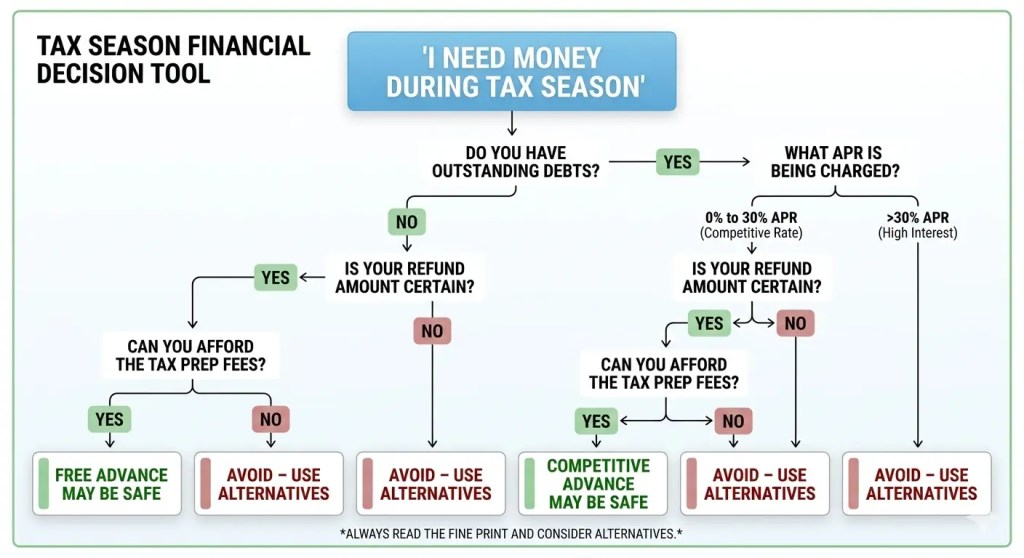`Decision tree flowchart showing who should use or avoid tax refund advance loans based on individual financial situation 2026` |