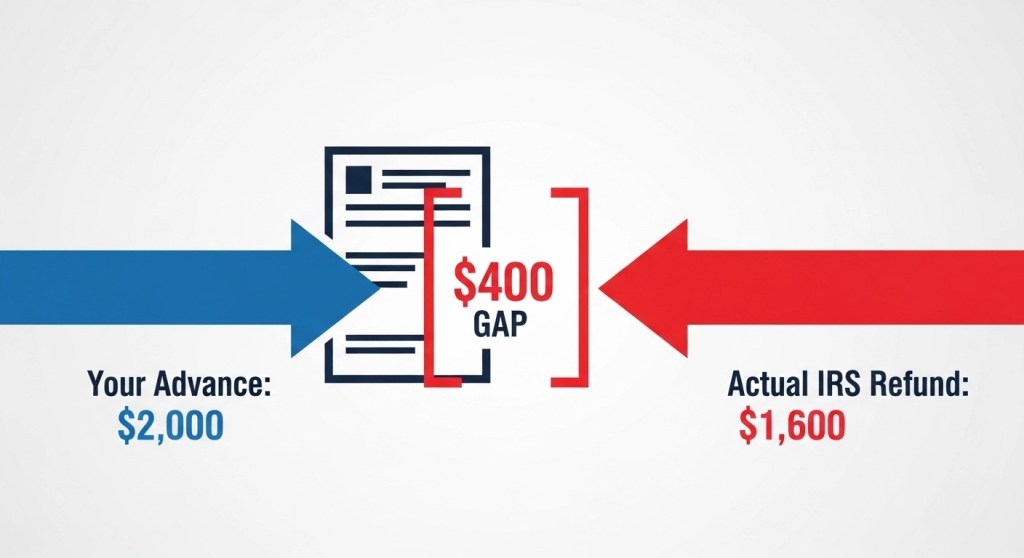 `Diagram showing tax refund advance shortfall trap where IRS refund is less than advance amount creating debt