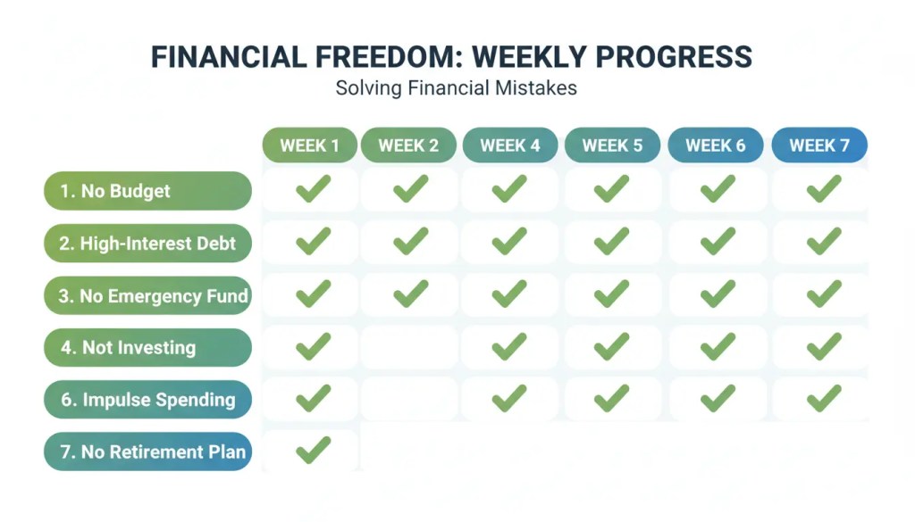 Weekly financial literacy scorecard showing 7 borrowing mistakes identified and solved in Week 1 of Borrower's Truth Series