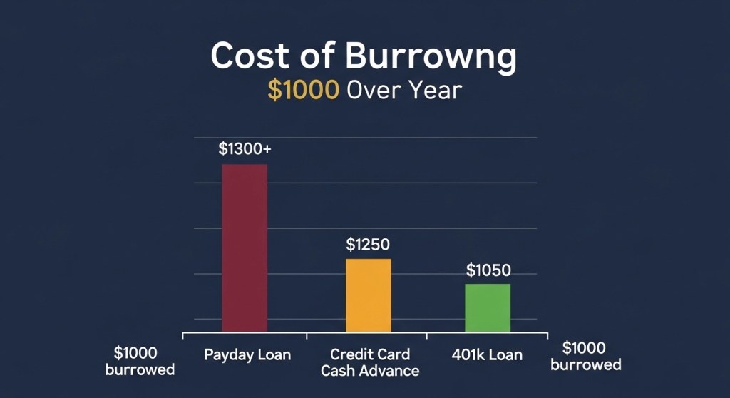 Bar chart showing total cost of borrowing $1000 over one year: payday loan $1300+, credit card cash advance $1250, 401k loan $1050
