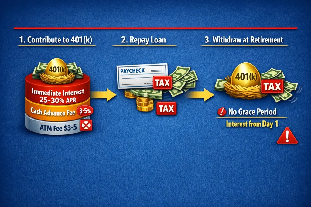 Three-step diagram showing pre-tax contributions to 401k, after-tax loan repayment, and taxes again in retirement illustrating double taxation