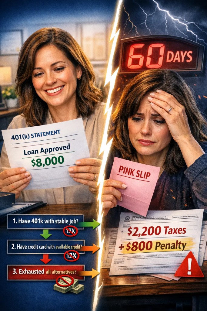 Dramatic split image showing person happy with 401k loan approval on left, devastated after job loss with 60-day clock and $3000 tax penalty on right