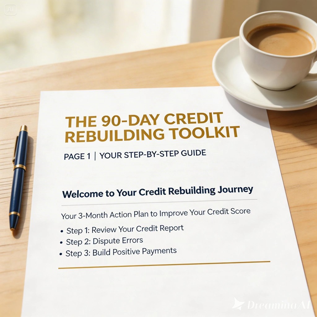 Printed preview of The 90-Day Credit Rebuilding Toolkit on a desk with a pen, showing worksheets and trackers.