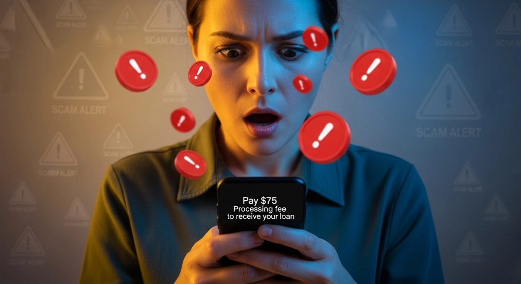Shocked person looking at phone screen demanding upfront payment for a payday loan with red warning symbols