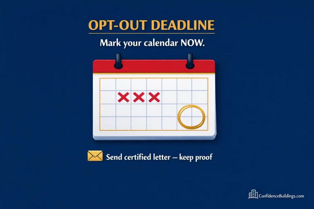 Calendar showing opt-out deadline with reminder to send certified letter before auto-renewal date