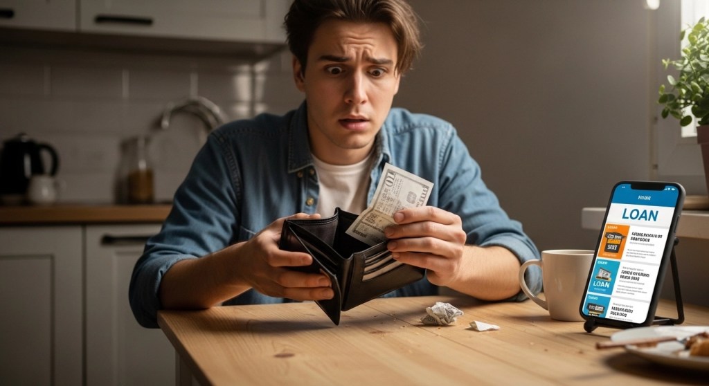 “Person stressed with an empty wallet before payday.”