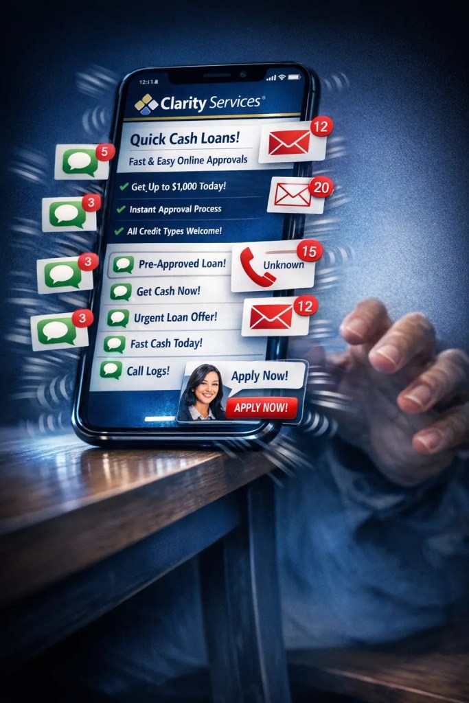 Smartphone screen with dozens of text messages and missed calls after applying on a loan broker website, phone vibrating off table