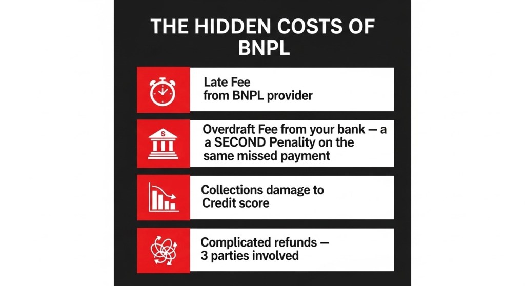 Infographic showing 4 hidden costs of BNPL including late fees, overdraft fees, credit score damage, and refund complications