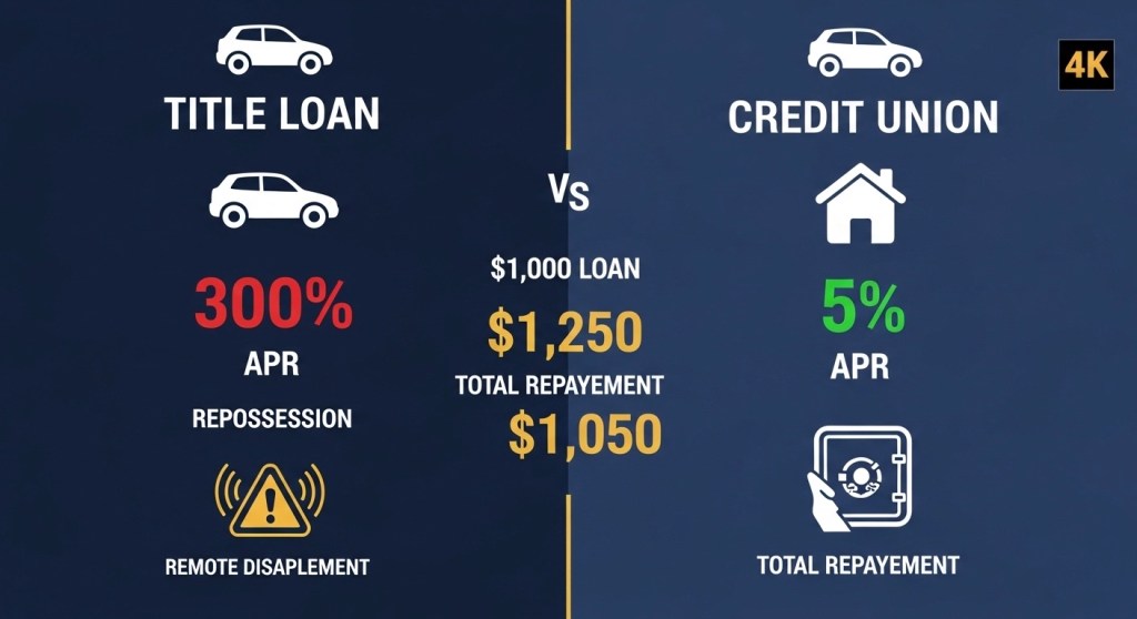 Warning infographic comparing car title loans with 300% APR and repossession risk versus credit union titled loans with 5% APR for unbanked borrowers