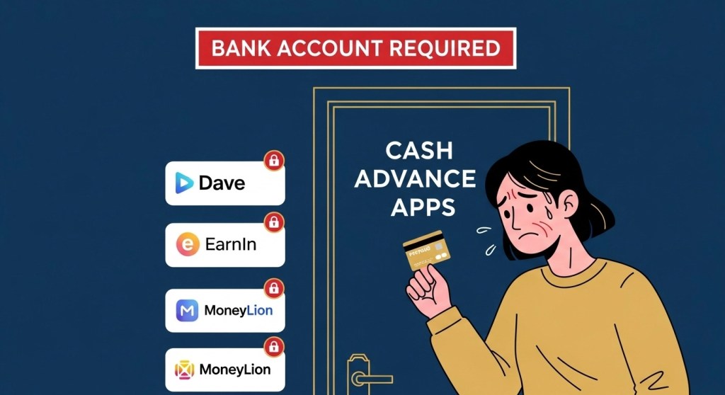 Person standing outside door labeled Cash Apps with Bank Account Required sign, representing unbanked individuals locked out of modern cash advance apps
