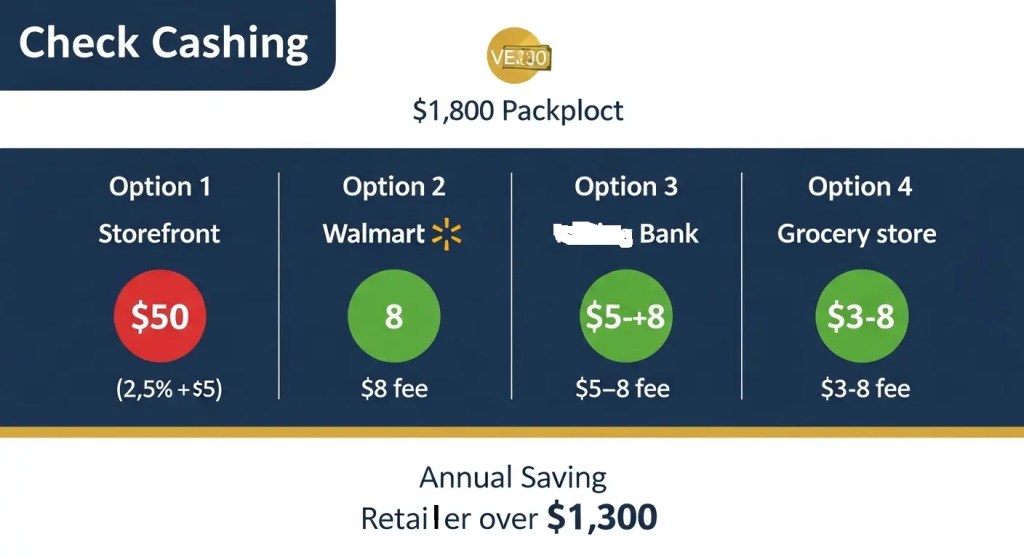 Comparison chart showing check cashing fees on $1,800 paycheck: storefront $50, Walmart $8, issuing bank $5-$8, grocery store $3-$8, with $1,300 annual savings highlighted