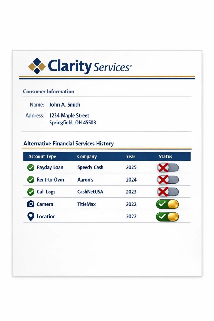 Sample Clarity Services credit report showing alternative financial services history including payday loans and rent-to-own accounts