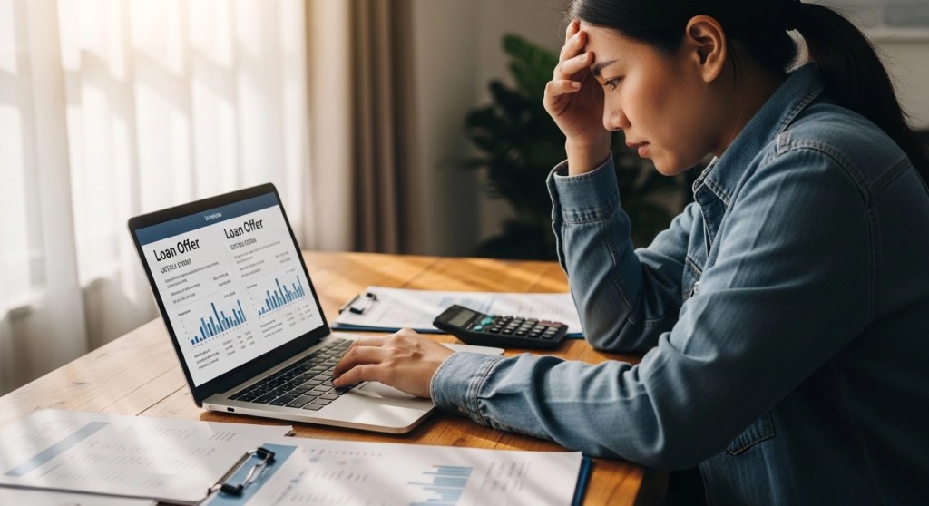 Person comparing multiple loan offers on a laptop during financial emergency