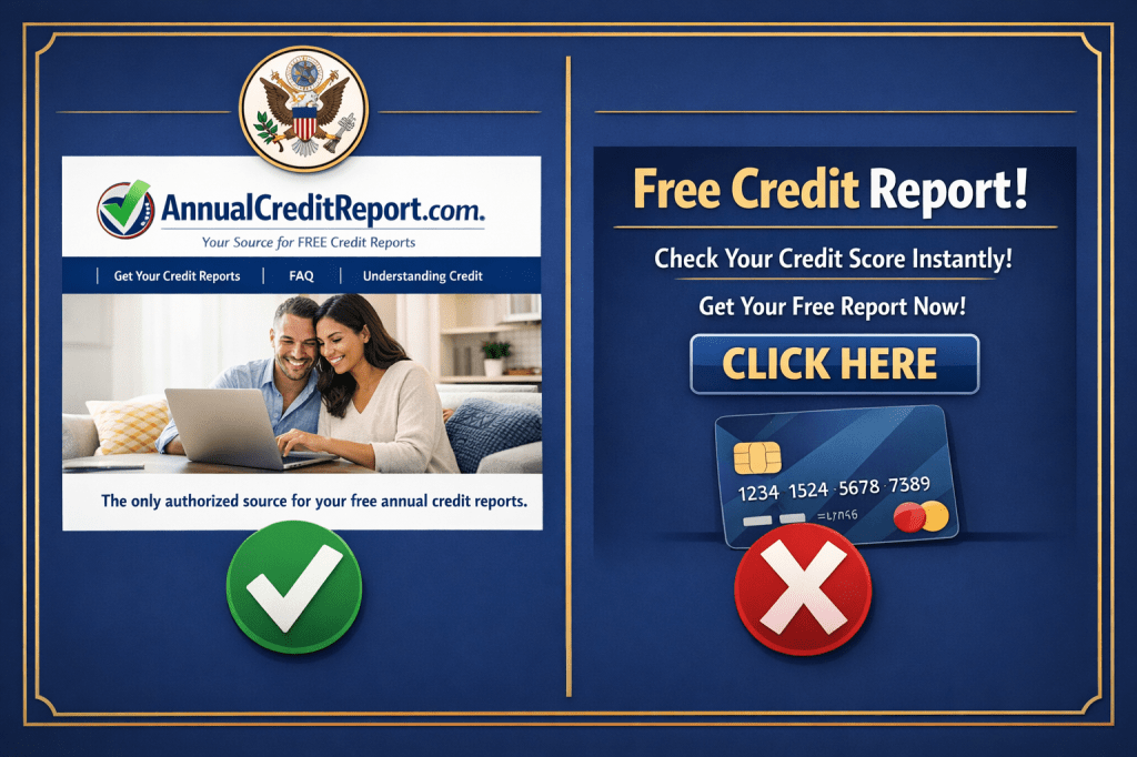 Screenshot showing AnnualCreditReport.com, the only government-authorized source for free annual credit reports, with official seal and no credit card required
