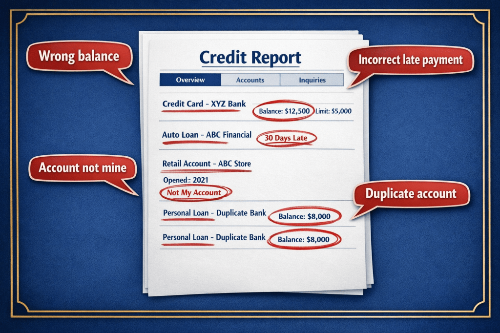 Credit report page with highlighted errors including wrong balance, incorrect late payment, account not mine, and duplicate account