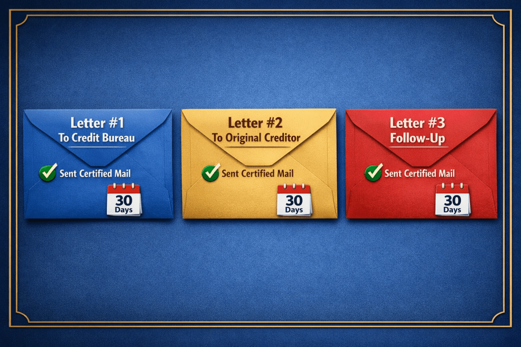 Three envelopes showing the 3-letter dispute system: Letter #1 to credit bureau, Letter #2 to original creditor, Letter #3 follow-up demand letter, with 30-day timeline icons