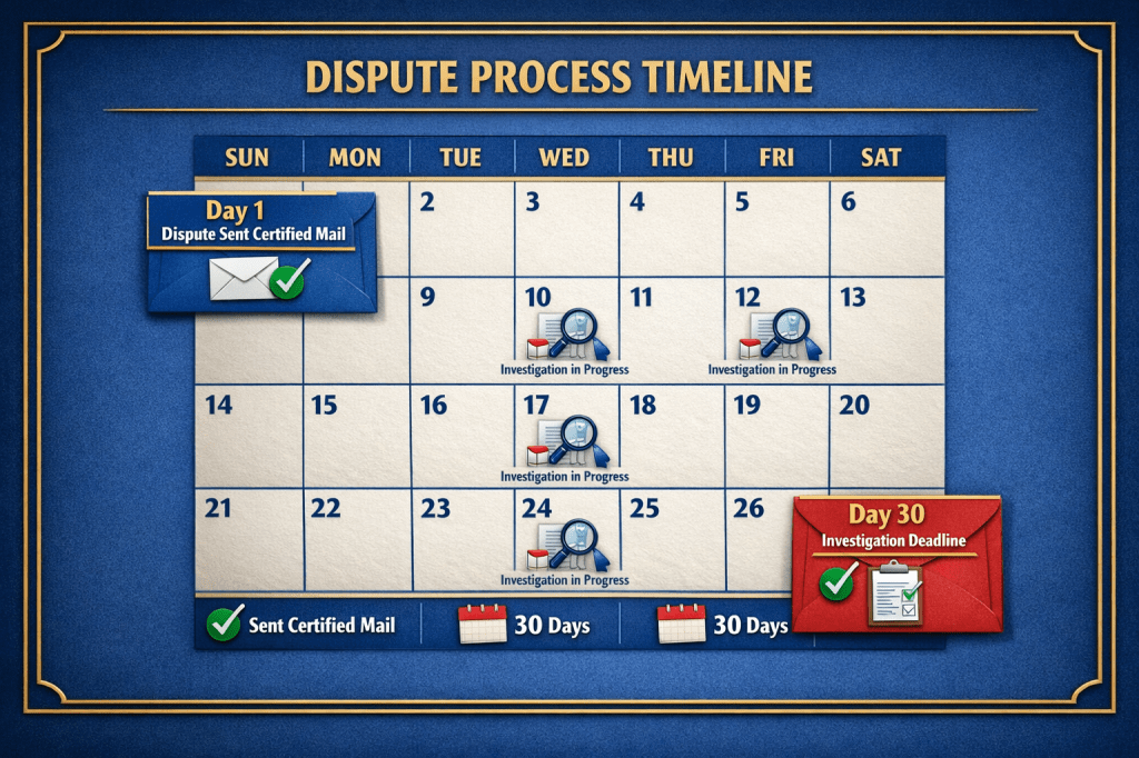 30-day timeline showing credit dispute process: days 1-7 mail dispute, days 8-14 bureau contacts creditor, days 15-21 creditor investigates, days 22-30 results sent