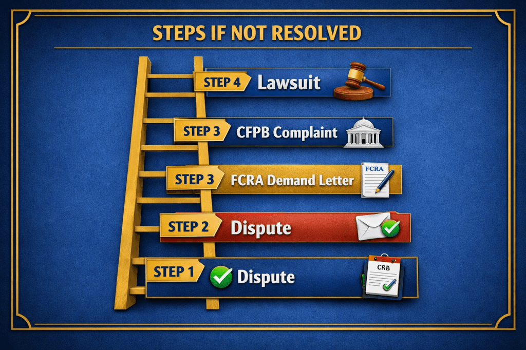Four-step escalation ladder showing path from initial dispute to CFPB complaint to FCRA demand letter to lawsuit under the Fair Credit Reporting Act