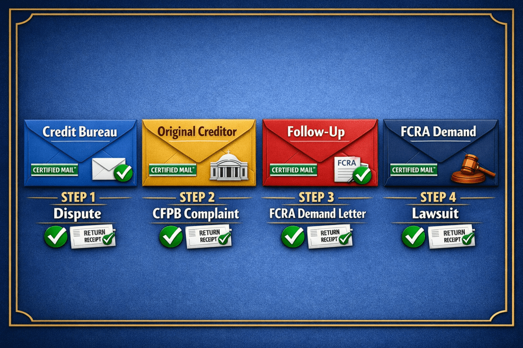 Four envelopes representing the four dispute letters: Credit Bureau, Original Creditor, Follow-Up Demand, and FCRA Demand Letter