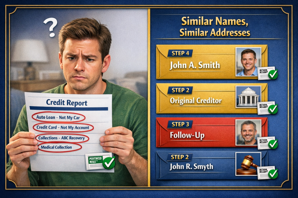Person holding credit report with someone else's accounts highlighted in red, representing a mixed file error