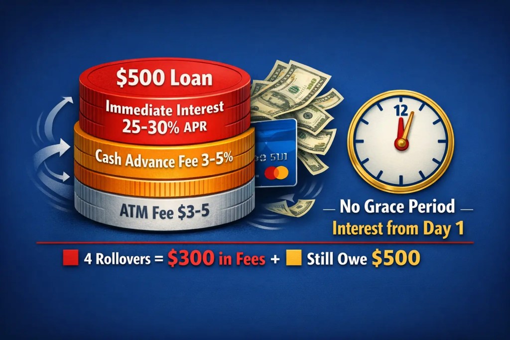 Stack of coins showing ATM fee, cash advance fee, and immediate interest on credit card cash advance with no grace period