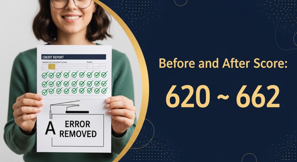 Person smiling holding credit report with green checkmarks and a letter saying "Error Removed"